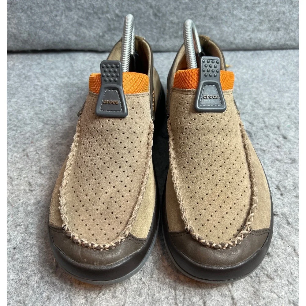 Crocs Thompson Low Mens Brown Suede Perforated Slip On Comfort Loafers Size 8